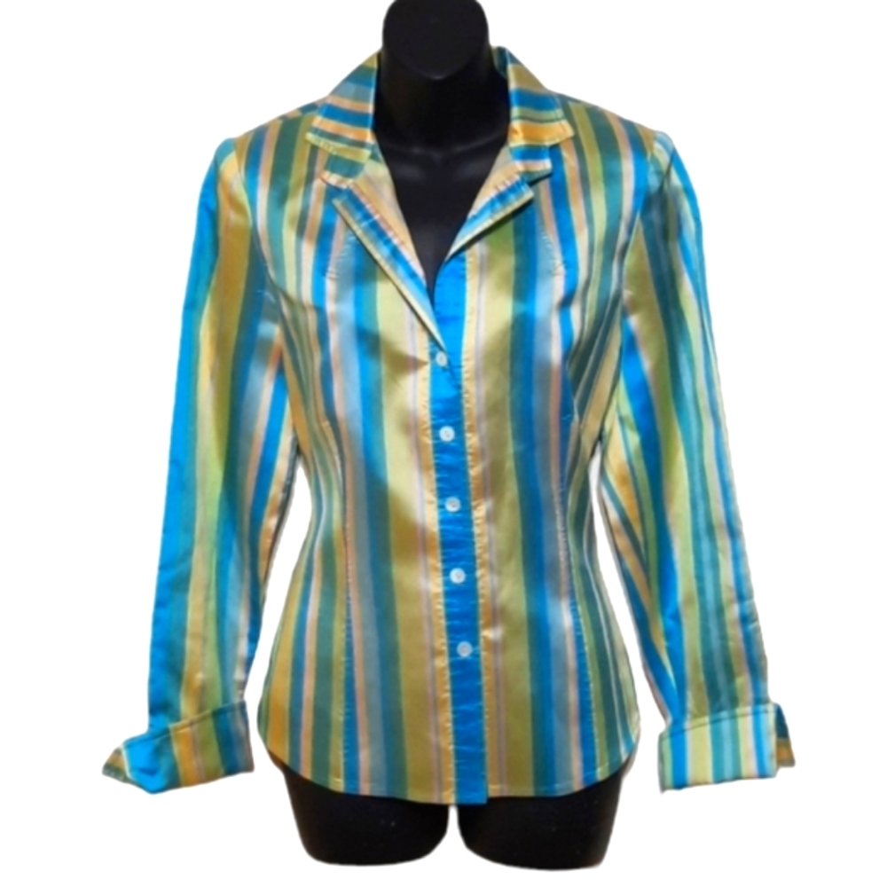 CARLISLE Silk Striped Button Down Blouse Jacket Vintage Office Classic Sz 6 Med - Picture 2 of 10